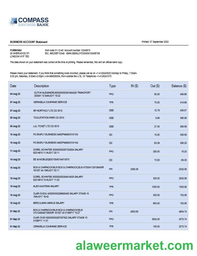 Compass Bank enterprise account statement Word and PDF template